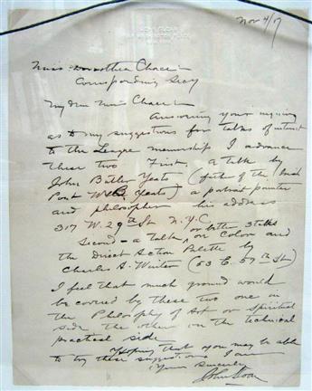 (ARTISTS.) YEATS, JOHN BUTLER; AND JOHN SLOAN. Two letters, each to Art Students League Secretary Dorothea K. Chace: John Butler Yeats